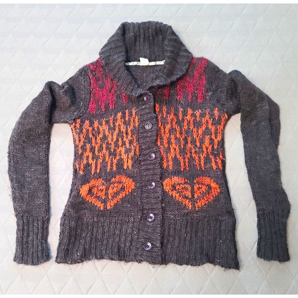 Roxy Womens M Chunky Knit Button-Front Shawl Collar Cardigan Gray Geo